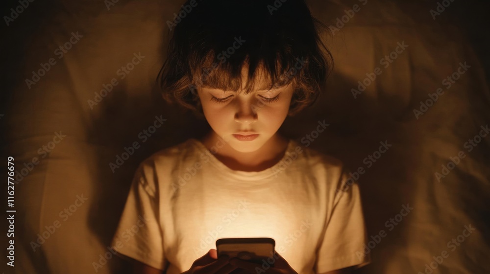 Child Holding Phone in Dark Isolated Room Child Holding Phone in Dark Isolated Room