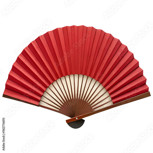 Red Traditional Hand Fan with Wooden Frame - A vibrant red traditional hand fan with a wooden frame, commonly used for decoration, cooling, or cultural performances

 photo