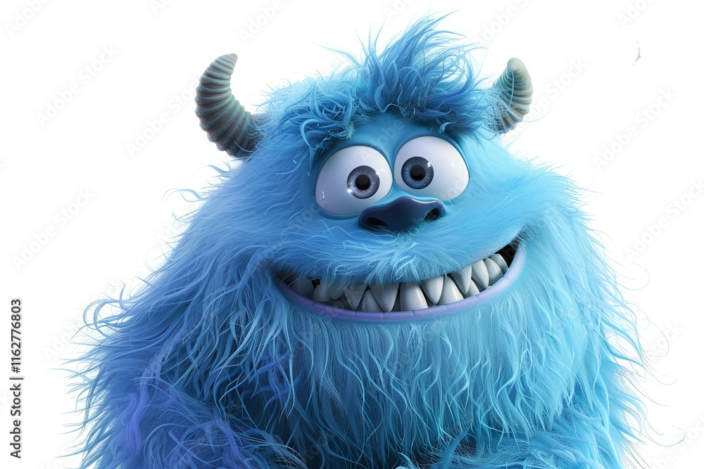 Obraz premium A cheerful blue monster with horns smiles broadly. Its fluffy fur and big eyes create a playful mood.