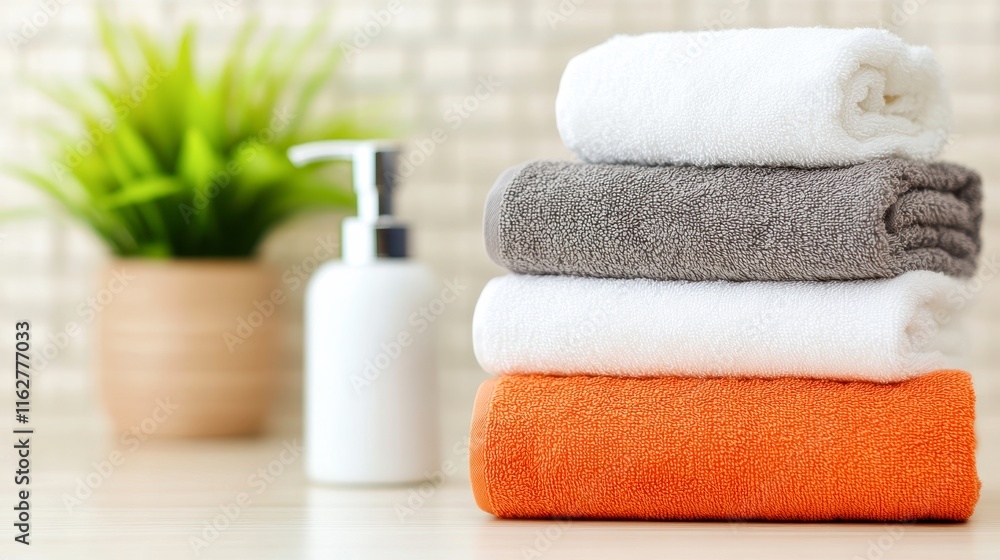 A neatly stacked arrangement of colorful towels beside a white lotion dispenser and a potted plant creates a serene, spa-like atmosphere, ideal for wellness, beauty, or home decor projects, A neatly stacked arrangement of colorful towels beside a white lotion dispenser and a potted plant creates a serene, spa-like atmosphere, ideal for wellness, beauty, or home decor projects,