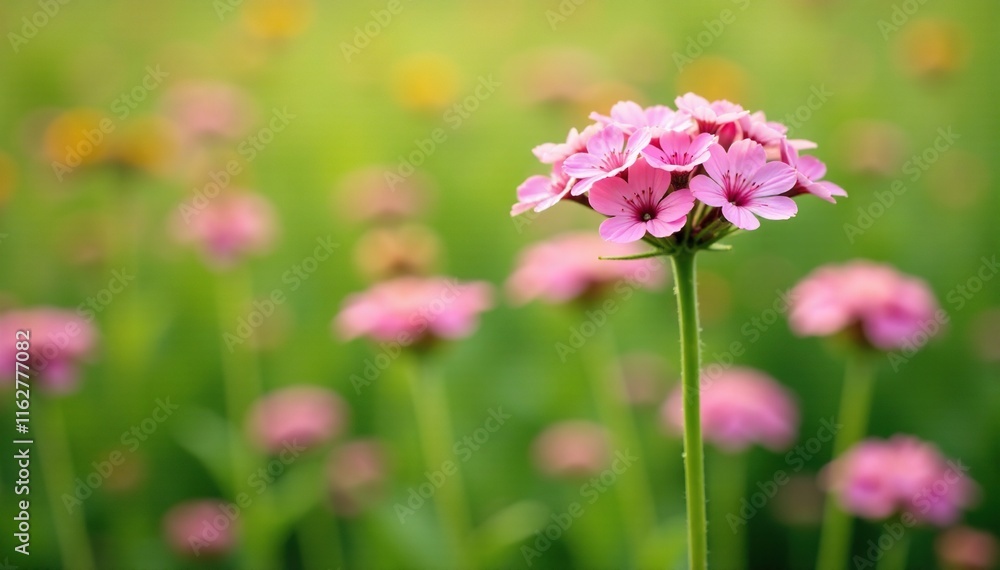 Low-growing pink flowers on a white stem in a garden field, herb, yarrow Low-growing pink flowers on a white stem in a garden field, herb, yarrow