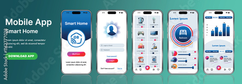 A sleek smart home application interface template featuring modern icons and a gradient design. Includes navigation menus for managing devices, monitoring security, controlling temperature