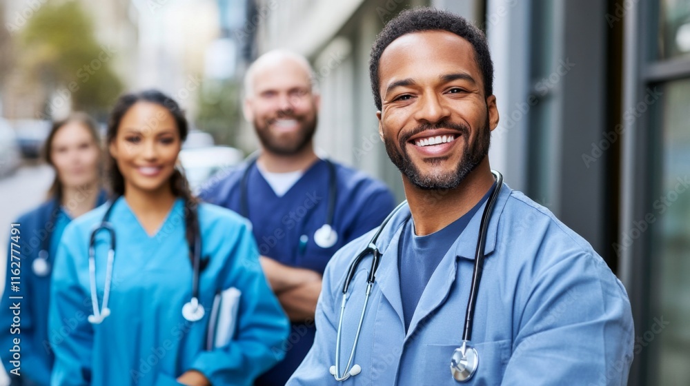 Diverse Health Workers Outdoors in High Contrast Lighting Diverse Health Workers Outdoors in High Contrast Lighting