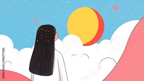 Dreamily Gazing: Whimsical Digital Illustration of a Woman Above Clouds at Night. AI Generated photo