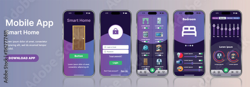 A sleek smart home application interface template featuring modern icons and a gradient design. Includes navigation menus for managing devices, monitoring security, controlling temperature
