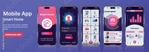 A sleek smart home application interface template featuring modern icons and a gradient design. Includes navigation menus for managing devices, monitoring security, controlling temperature