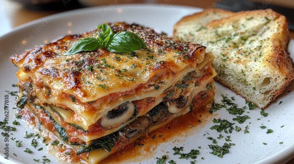 delicious slice of vegetable lasagna is presented on clean white plate featuring layered pasta tomato sauce sautéed spinach mushrooms zucchini and creamy vegan béchamel. delicious slice of vegetable lasagna is presented on clean white plate featuring layered pasta tomato sauce sautéed spinach mushrooms zucchini and creamy vegan béchamel.