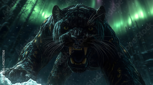 black panther prowling through deep snow under northern lights, showcasing its fierce expression and powerful presence in mystical winter landscape