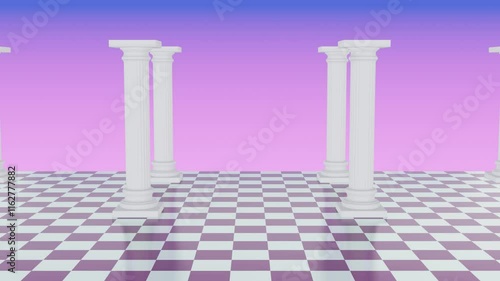 Aesthetic hallway with symmetrical columns and a checkered floor.90s or 80s styled vaporwave background with pastel pink