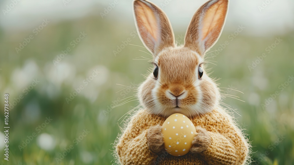 Obraz premium Easter bunny and hope concept. Cute rabbit holding a decorated egg in a grassy field.