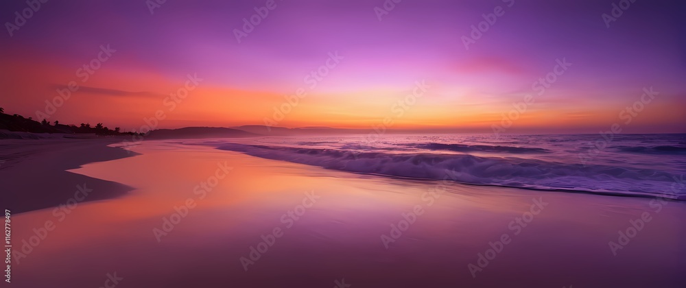 A tranquil beach scene at sunset where the sky is painted in vibrant oranges and purples reflecting on the water A tranquil beach scene at sunset where the sky is painted in vibrant oranges and purples reflecting on the water