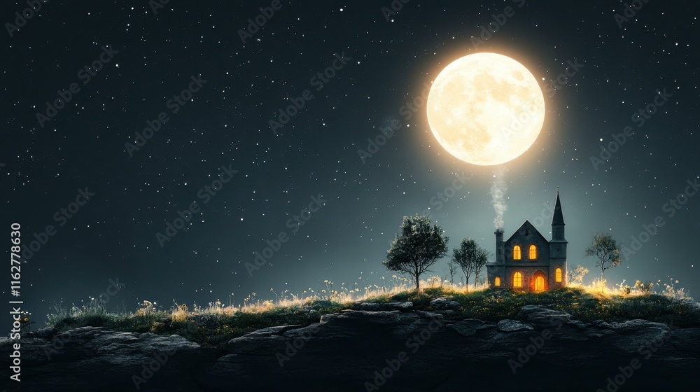 Fototapeta premium Nightscape Photography. Full moon glowing bright over dark church silh