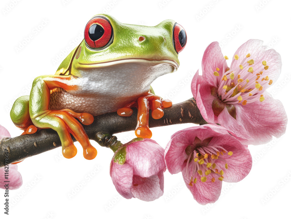 Fototapeta premium Frog on Blooming Branch in Springtime Setting 3D Render