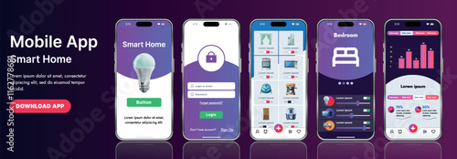 A sleek smart home application interface template featuring modern icons and a gradient design. Includes navigation menus for managing devices, monitoring security, controlling temperature