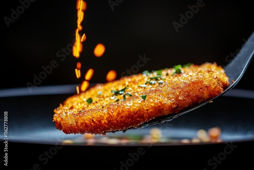 A beautifully crisp golden-brown patty being lifted from a frying pan, garnished with herbs and spices, ready to be served. photo