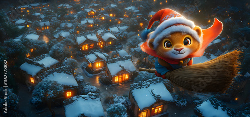 cute animated lion in festive outfit flies on broomstick over snowy village at night, spreading holiday cheer with glowing windows