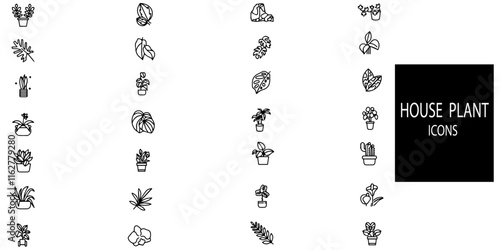House plant simple concept 28 icons set. Contains such lady palm, blue columnar cactus, potted plant, sansevieria  plant, parlor palm .Vector illustration.