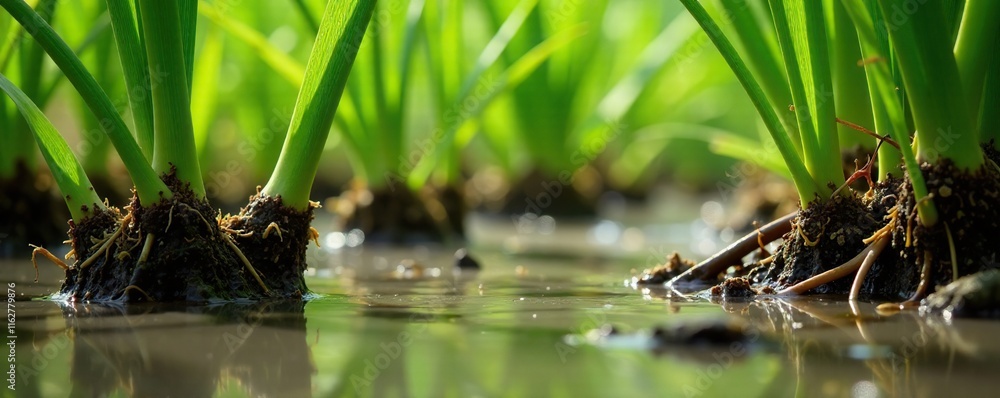 Sedge plants with roots exposed in shallow muddy water, roots, sedges, swamp Sedge plants with roots exposed in shallow muddy water, roots, sedges, swamp