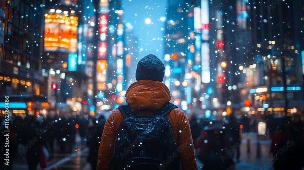 Fototapeta premium Person Stands Alone In Snowy City Night