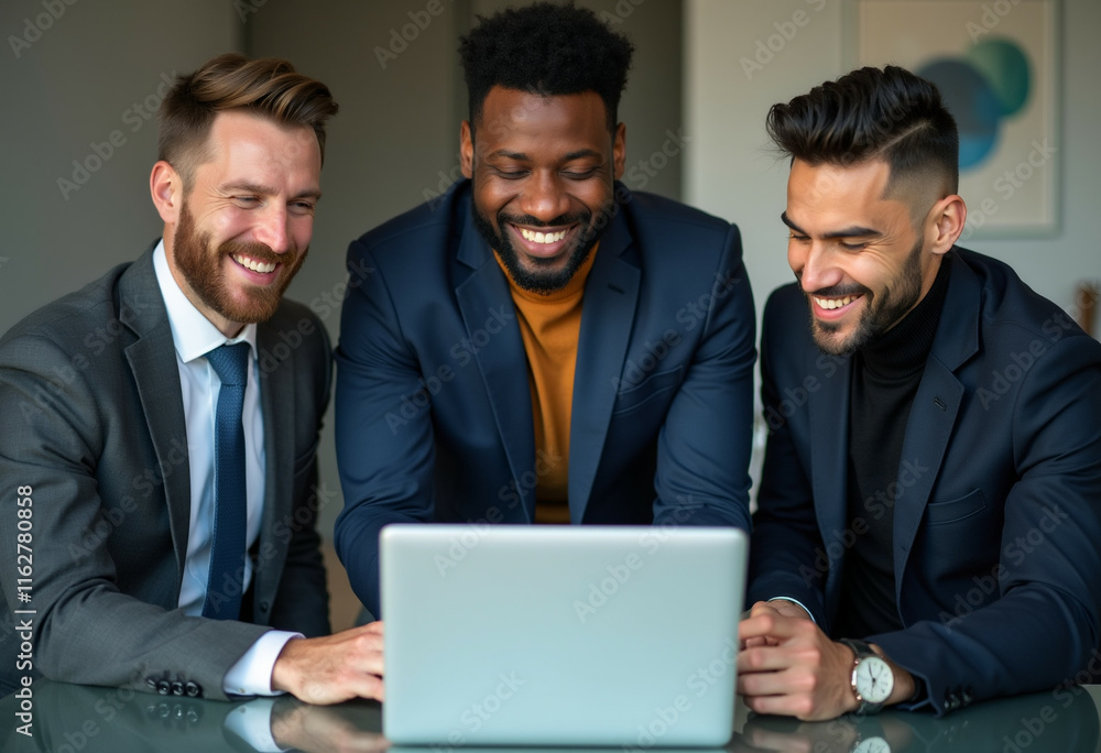 Three smiling businessmen in suits collaborate on a laptop, showcasing teamwork and success. Three smiling businessmen in suits collaborate on a laptop, showcasing teamwork and success.