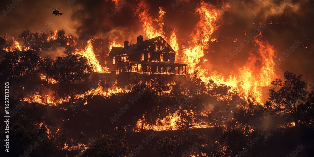 Obraz premium Dramatic Hollywood Hills Wildfire Scene with Burning Mansion