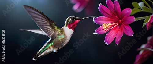 A stunning close up of a ruby throated hummingbird hovering near a flower showcasing its iridescent feathers and delicate beauty