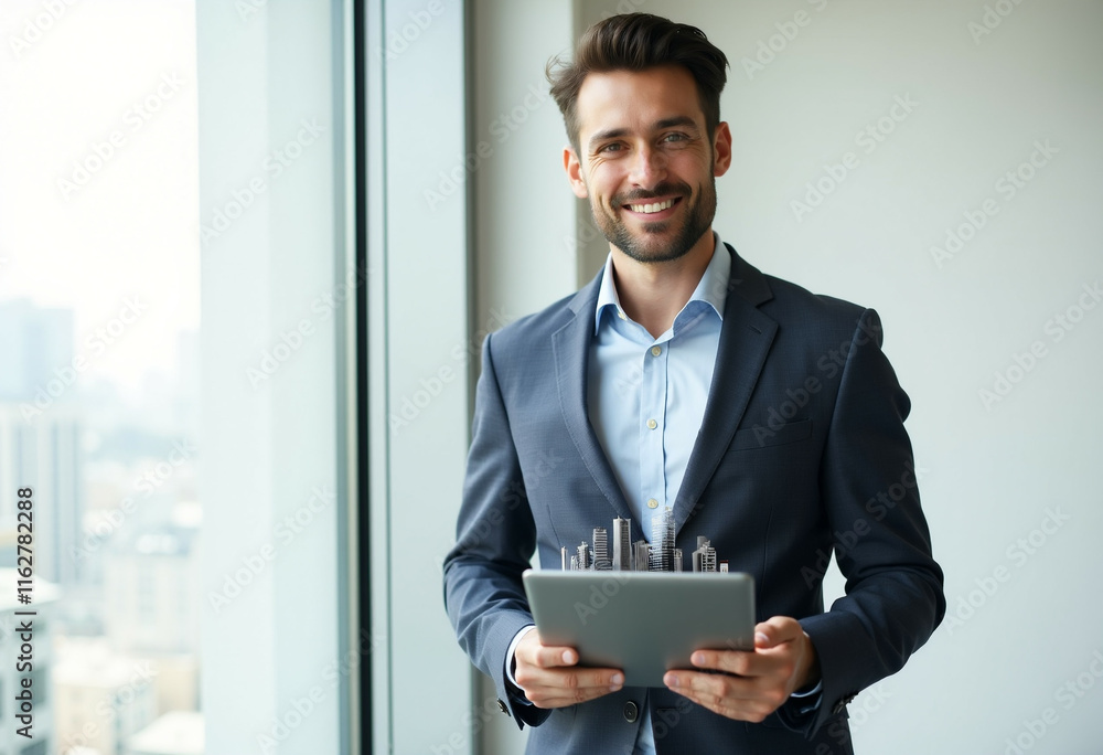 Smiling businessman holding tablet displaying city model, representing urban development and real estate success. Smiling businessman holding tablet displaying city model, representing urban development and real estate success.