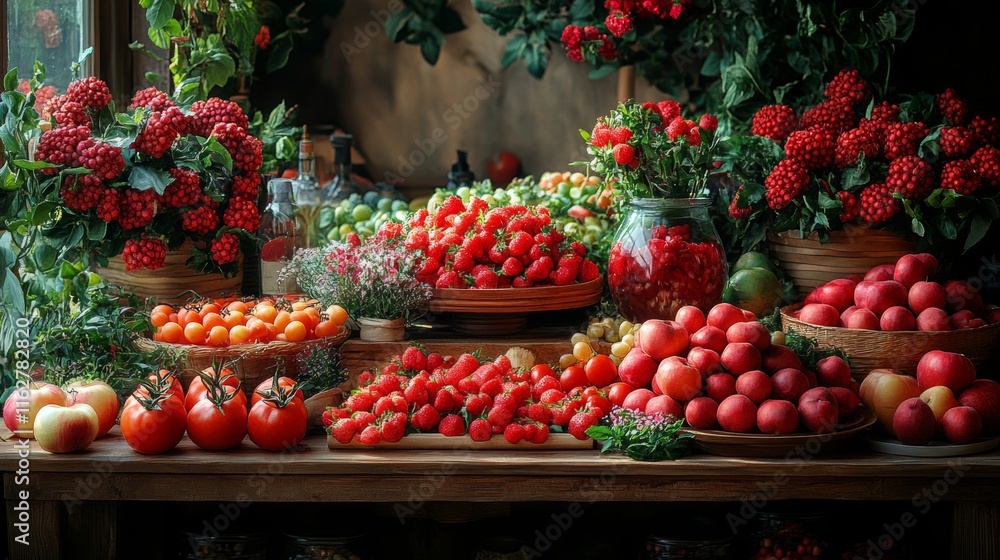 Fresh tomatoes and vibrant red berries on rustic shelves Fresh tomatoes and vibrant red berries on rustic shelves