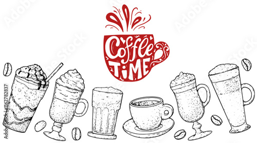 Coffee hand drawn illustration. Coffee sketch, menu design elements. Vector illustration. Cups of coffee