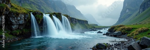 Water cascading down small waterfall in misty mountain morning, waterfalls, fog, nature