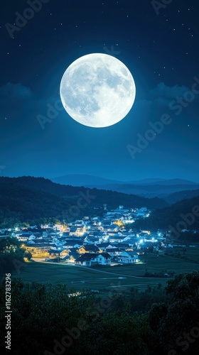 Ethereal moonlit nights Enchanting moonlight on peaceful town photo