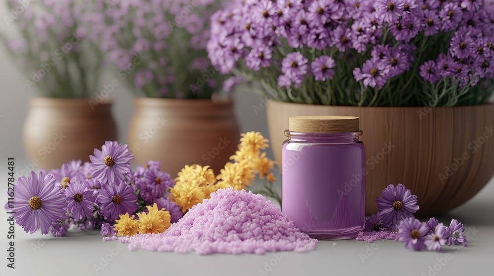 Lavender Relaxation. Purple flowers yellow petals bath salt jar spa re Lavender Relaxation. Purple flowers yellow petals bath salt jar spa re