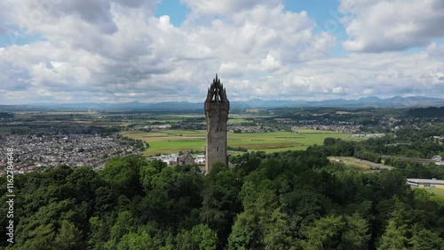 Aerial views of the National Wallace Monument Stirling, Scotland.