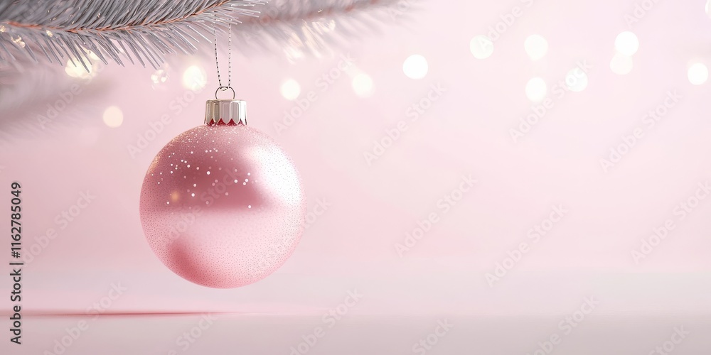 Fototapeta premium A delicate pink ornament hangs gracefully from a white Christmas tree, capturing the essence of holiday cheer and elegance.