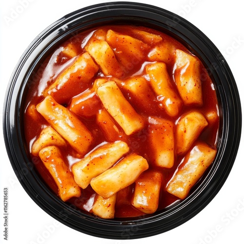 A delicious serving of spicy tteokbokki, featuring chewy rice cakes coated in a savory red sauce, perfect for street food lovers. photo