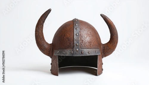 A detailed close-up of a vintage Viking helmet showcasing its unique horned design and rustic texture, perfect for historical themes. photo