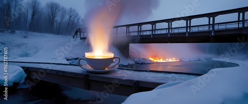 A steaming cup of tea on a ceramic coaster atop a frost covered bridge spanning a frozen stream highlighted by the flickering glow of a fire photo