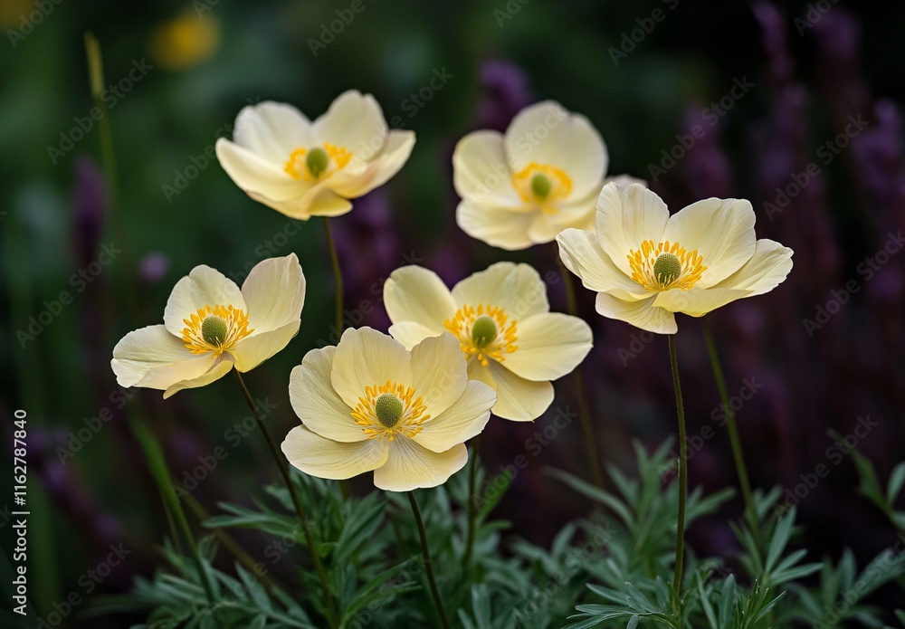Five Delicate Pale Yellow Anemone Flowers in Bloom Five Delicate Pale Yellow Anemone Flowers in Bloom