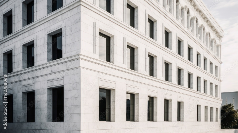 Close-up of the facade of a building with white columns. Close-up of the facade of a building with white columns.