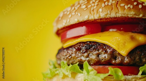 Close-up of a cheeseburger with a yellow background photo