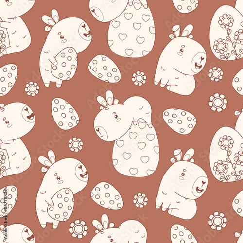 Easter Seamless pattern. Holiday Capybaras with paschal Eggs on brown background with flowers. Line drawing, Outline. Vector illustration. Kids collection