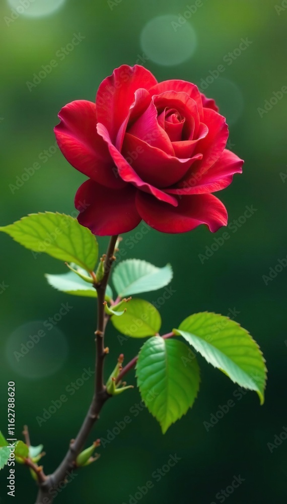 A sumie red rose blooms on a bare tree branch with vibrant green leaves and stems, foliage, sumie red rose, petal A sumie red rose blooms on a bare tree branch with vibrant green leaves and stems, foliage, sumie red rose, petal