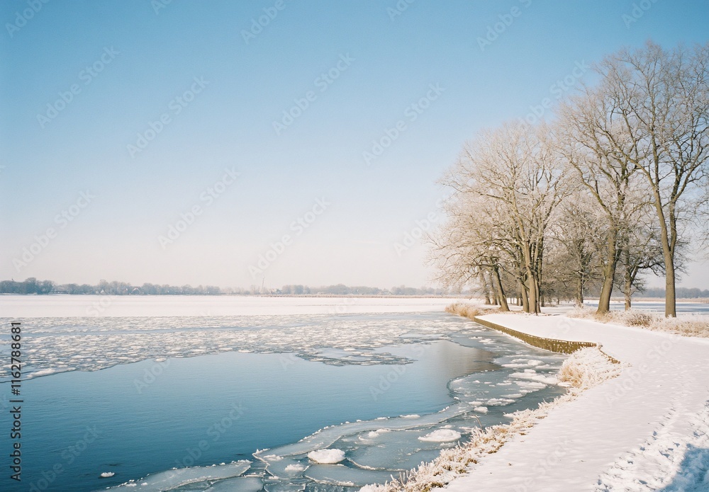 Serene Winter Landscape: Frozen Lake, Snowy Path, Bare Trees Serene Winter Landscape: Frozen Lake, Snowy Path, Bare Trees