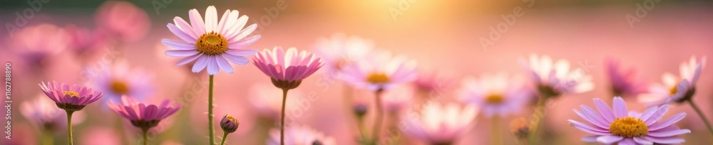 Chamomile blooms in a soft pink field with a gentle breeze, petals, field, garden Chamomile blooms in a soft pink field with a gentle breeze, petals, field, garden
