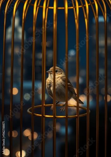  Small brown sparrow in golden cage against urban nightscape with bokeh lights bokeh gold gold background glitter  gorgeous film grain grainy photo