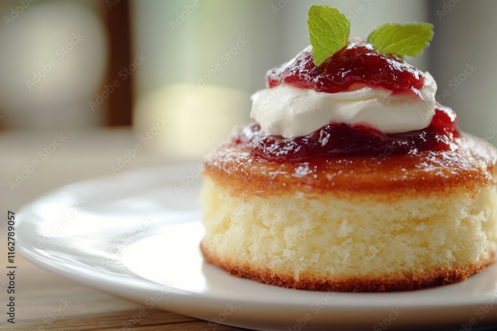 Beautiful Dessert Cake with Jam and Cream Topping