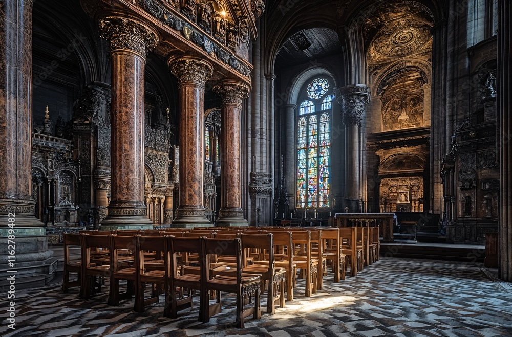 Fototapeta premium Majestic Cathedral Interior: Sunlit Church Sanctuary with Wooden Pews and Stained Glass