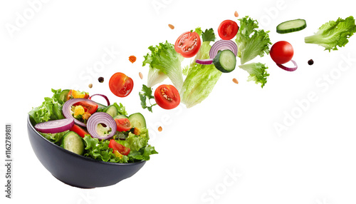 Fresh salad. Mixed falling vegetables in bowl on transparent background