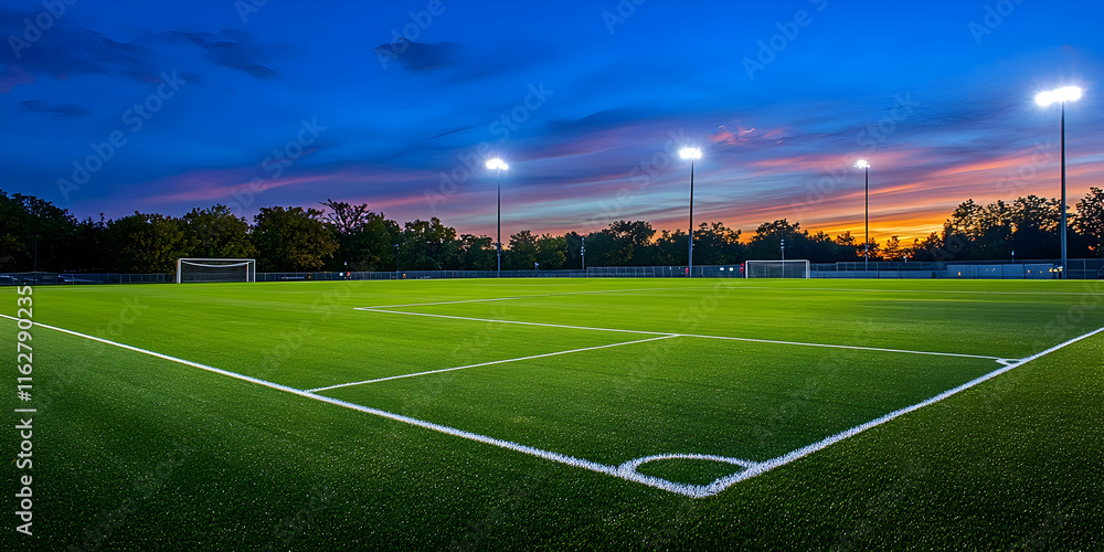 Obraz premium Lush green soccer field under vibrant stadium lighting for sports photography