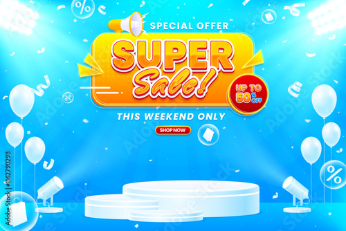 Eye-catching super sale banner template with podium and dynamic background